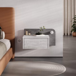 Hanah Home Mesita de Noche con Iluminación LED, Blanco Antiguo y Gris Retro